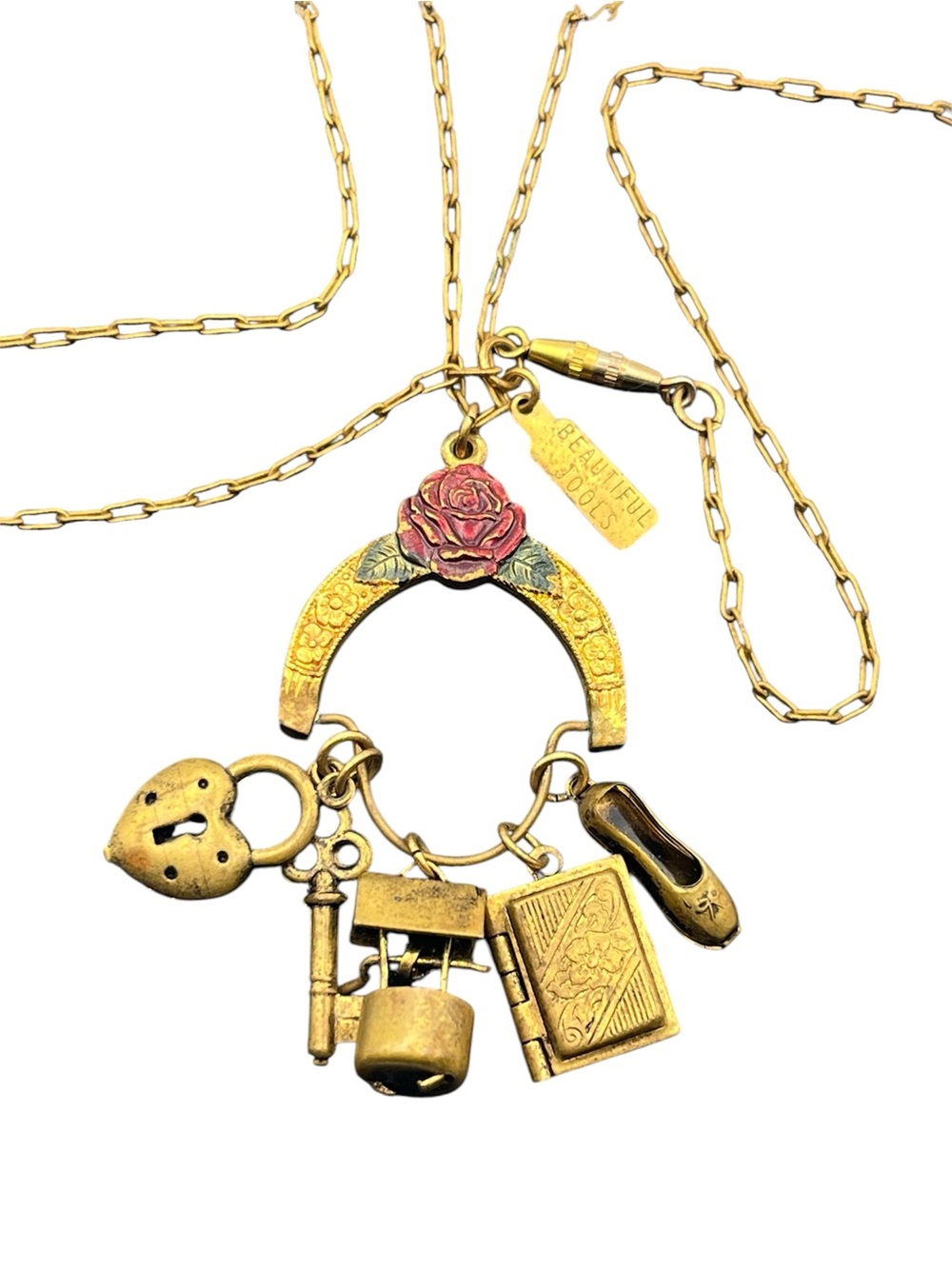 Beautiful Jools charm necklace gold tone & enamel heart key wishing well